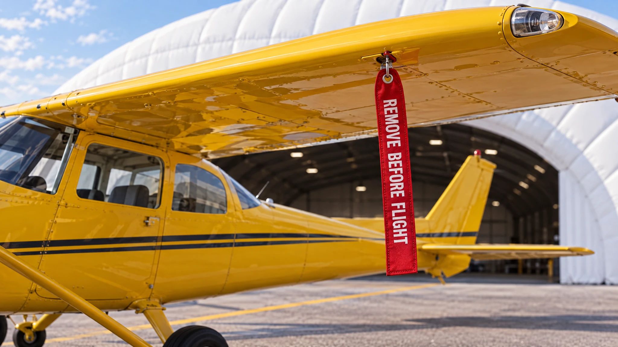 Жёлтый учебный самолёт у ангара, на крыле красная лента Remove before flight